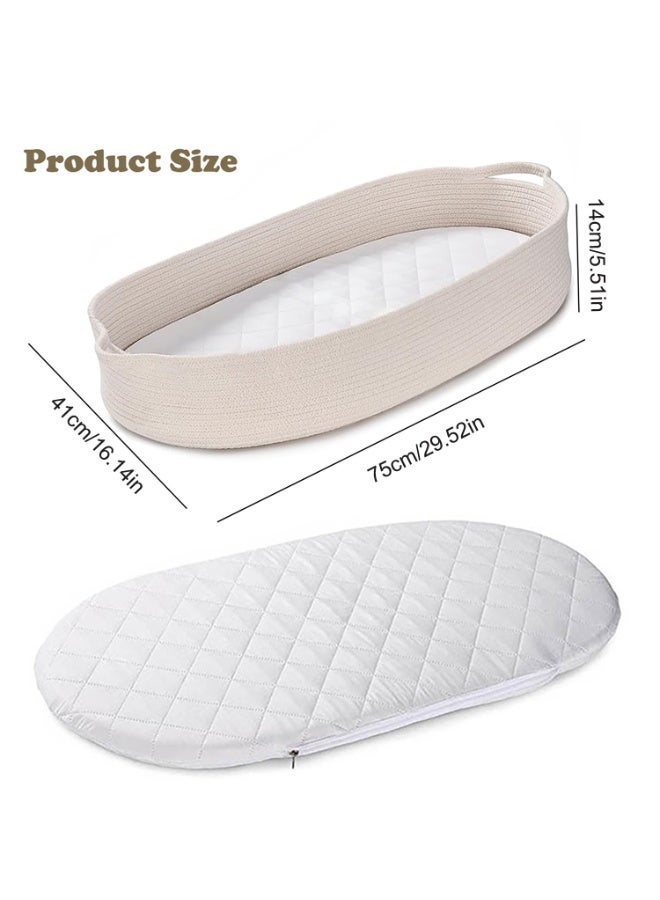 Baby Changing Basket with Removable Mattress, Handmade Woven 100% Cotton Rope Nursery Boho Moses Basket, Baby Shower Bassinet Changing Table Topper, 75x41x14CM (White) - Image 4